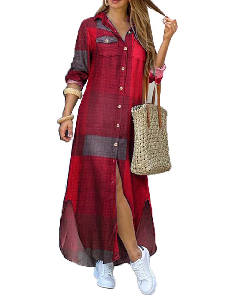 

Colorblock Button Pocket Design Slit Shirt Dress, Style1