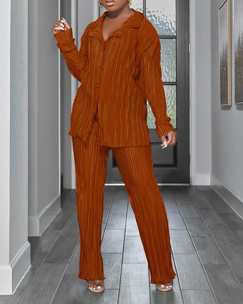 

Long Sleeve Button Down Shirt & Pants Set, Coffee