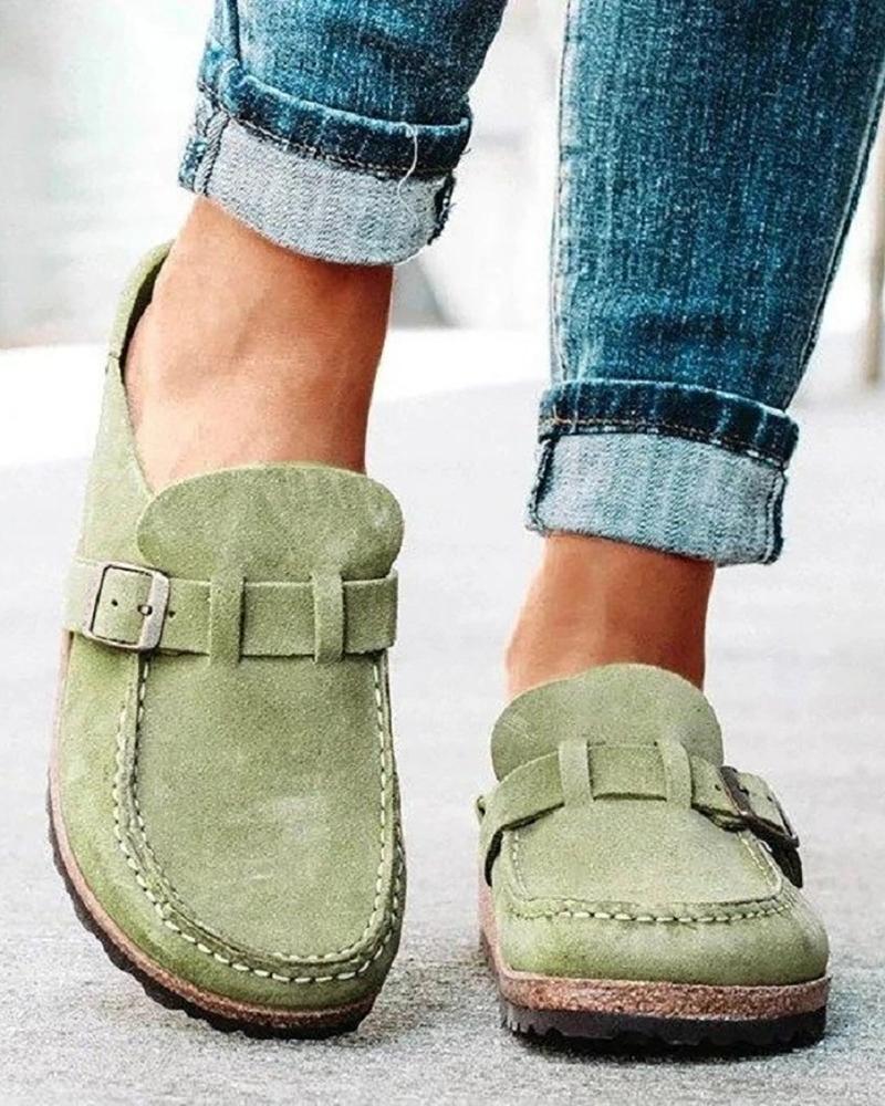 

Round Toe Buckled Suede Shoes, Green