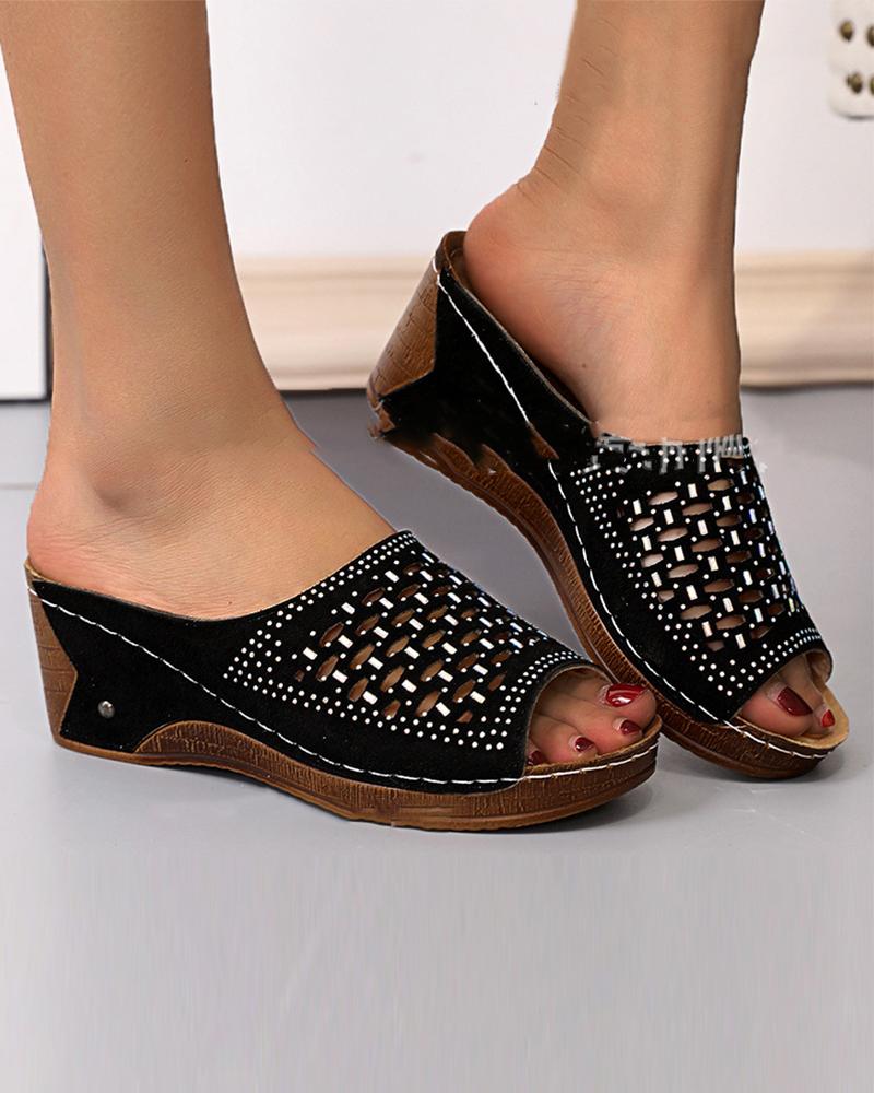 

Fish Mouth Hollow-out Color Block Platform Slippers, Black