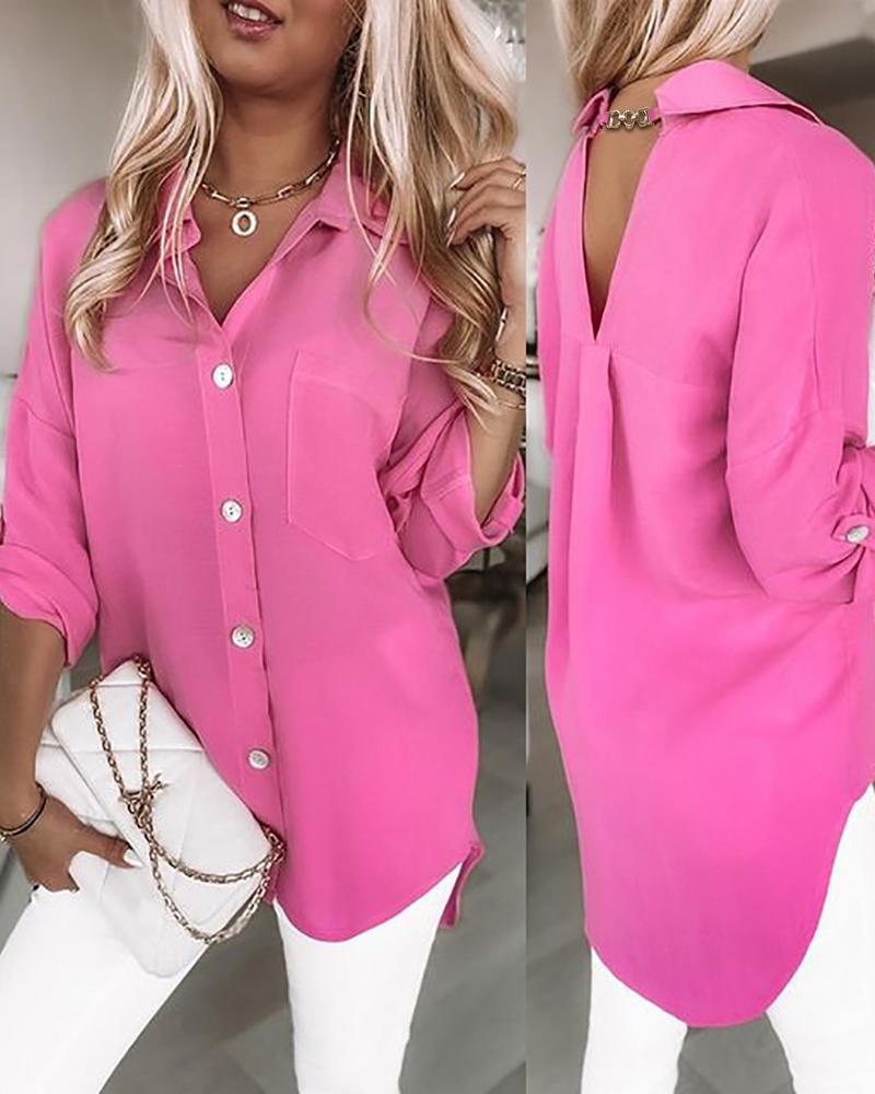 

Chain Decor Buttoned Cutout Casual Shirt, Pink