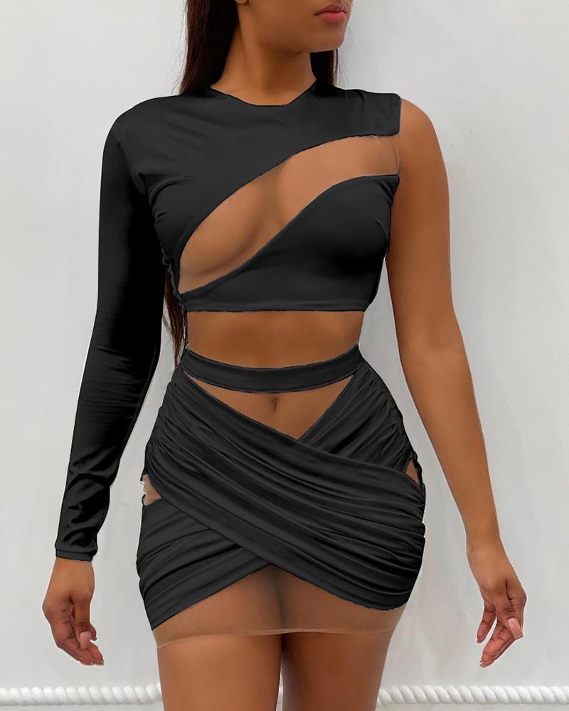 

One Shoulder Sheer Mesh Patch Crop Top & Ruched Skirt Set, Black