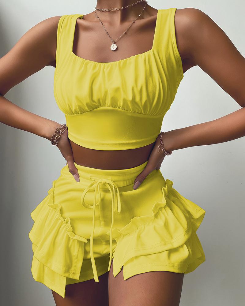 

Plain Frill Hem Lace Up Drawstring Crop Cami Top & Pants Set, Yellow
