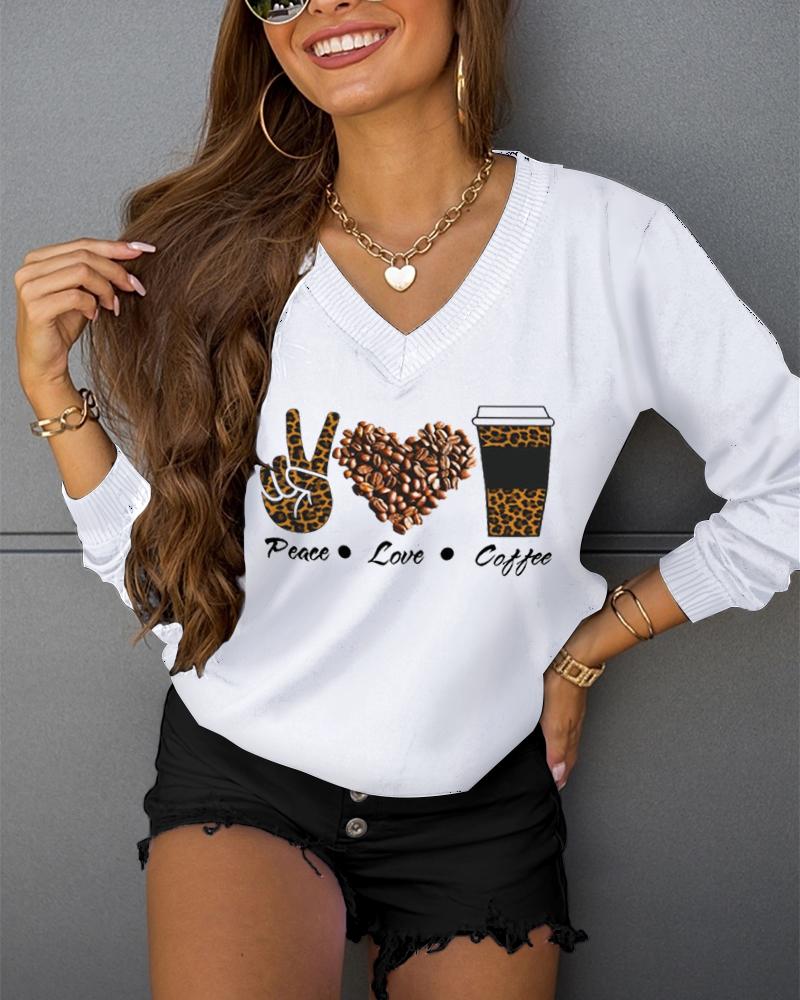 

Heart Letter Slogan Print V-Neck Long Sleeve Sweatshirt, White