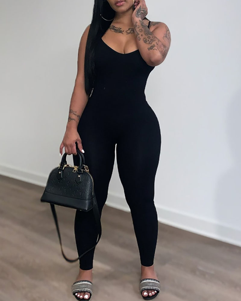 

Ribbed Spaghetti Strap U-Neck Jumpsuit, Black
