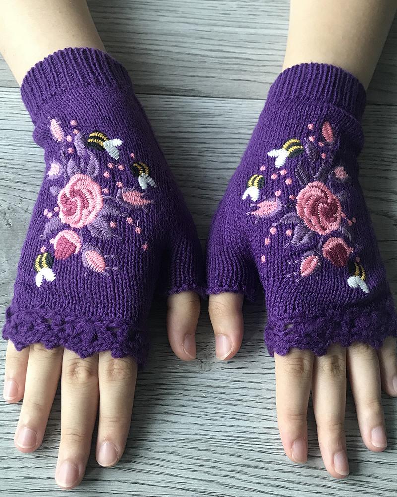 

1Pair Floral Embroidery Hollow Out Fingerless Knit Gloves, Dark purple