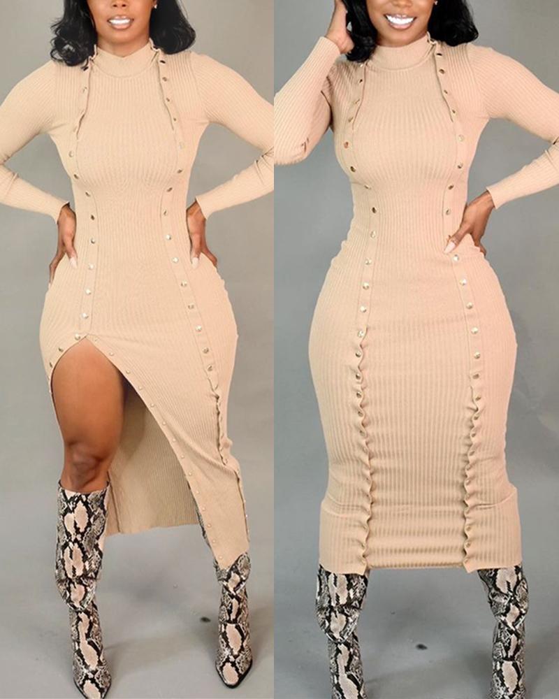 

Knit Double High Slit Buttoned Frill Hem Bodycon Dress, Apricot
