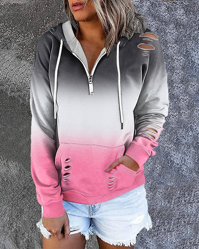 

Ombre Zipper Pocket Design Cutout Casual Hoodie, Pink