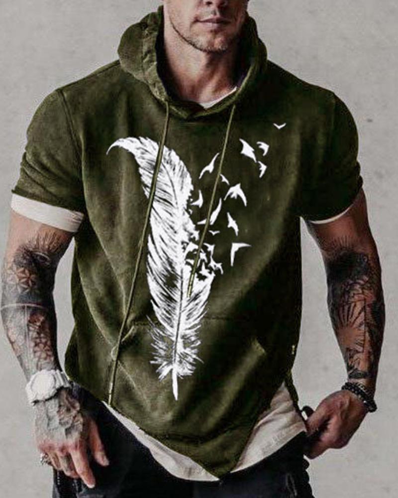 

Feather Print Short Sleeve Loose Hooded Sweatshirts, Green
