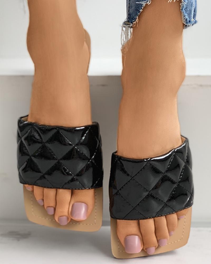 

Quilted Square Toe Mule Sliders, Black