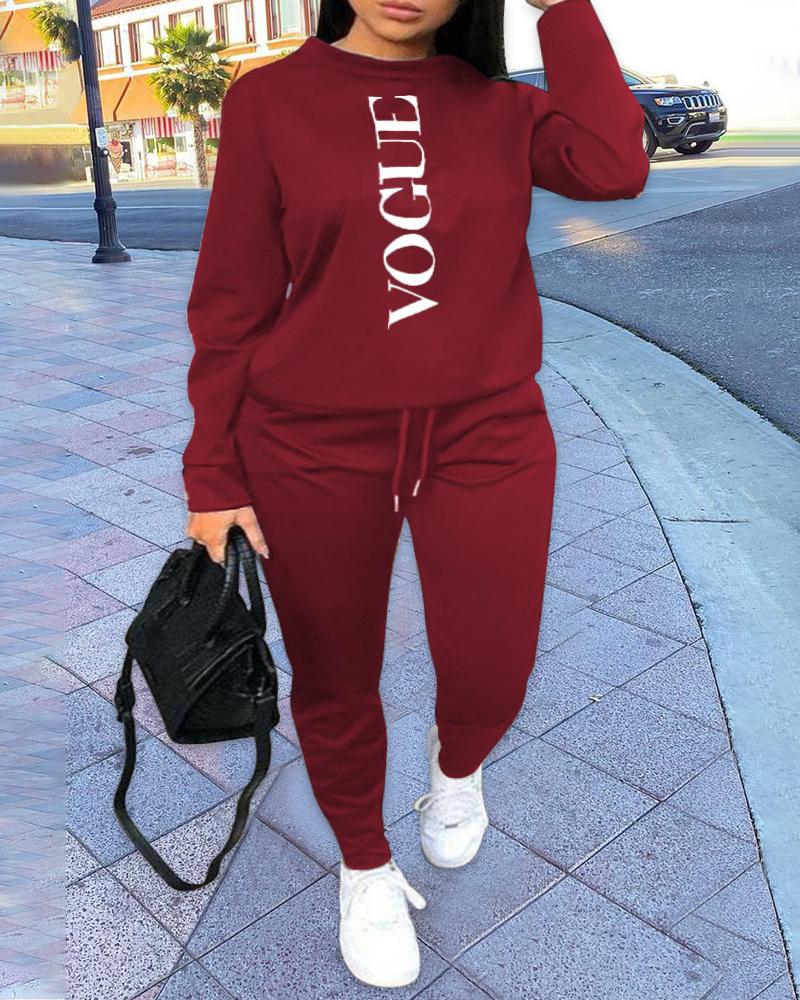 

Plus Size Letter Print Sweatshirt & Drawstring Sweatpants Set, Wine red