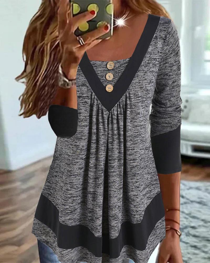 

Contrast Paneled Long Sleeve Casual Top, Gray
