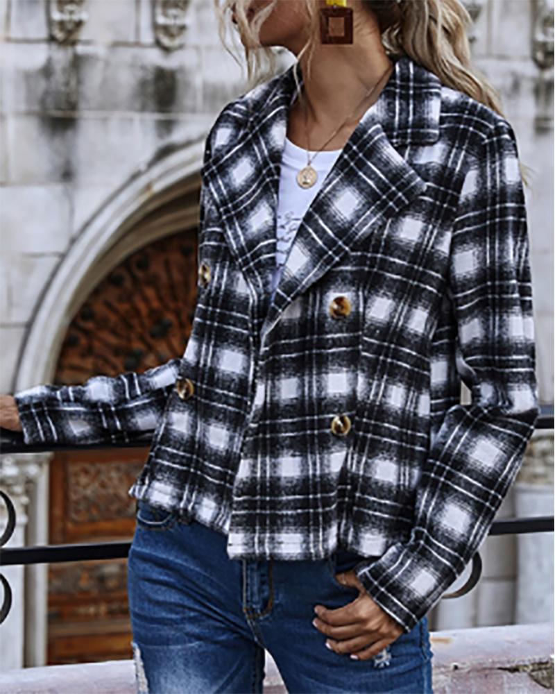 

Plaid Print Long Sleeve Double Breasted Trench Coat, Black&white