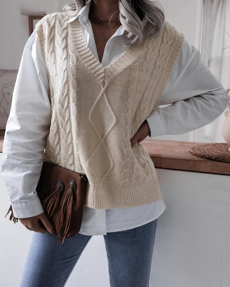 

V-Neck Cable Knit Sweater Vest, Apricot