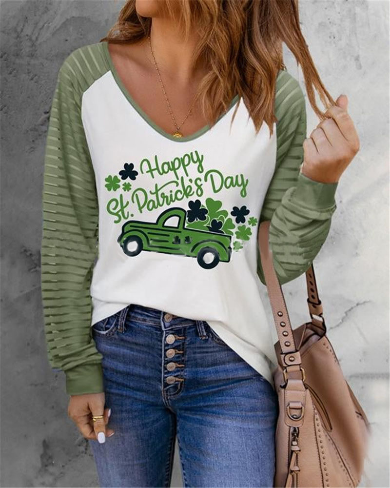 

St. Patrick' Day Clover Print Long Sleeve V-Neck Top, Style2