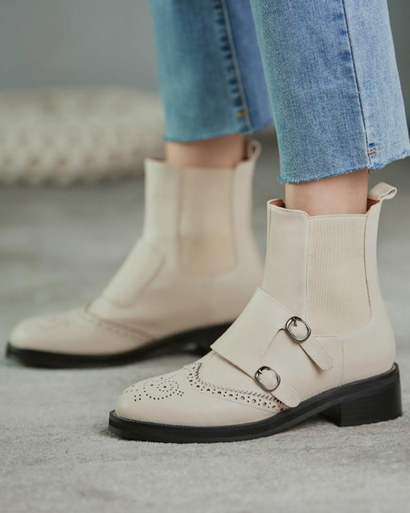 

Round Toe Hollow Out Buckled Chunky Martin Boots, White