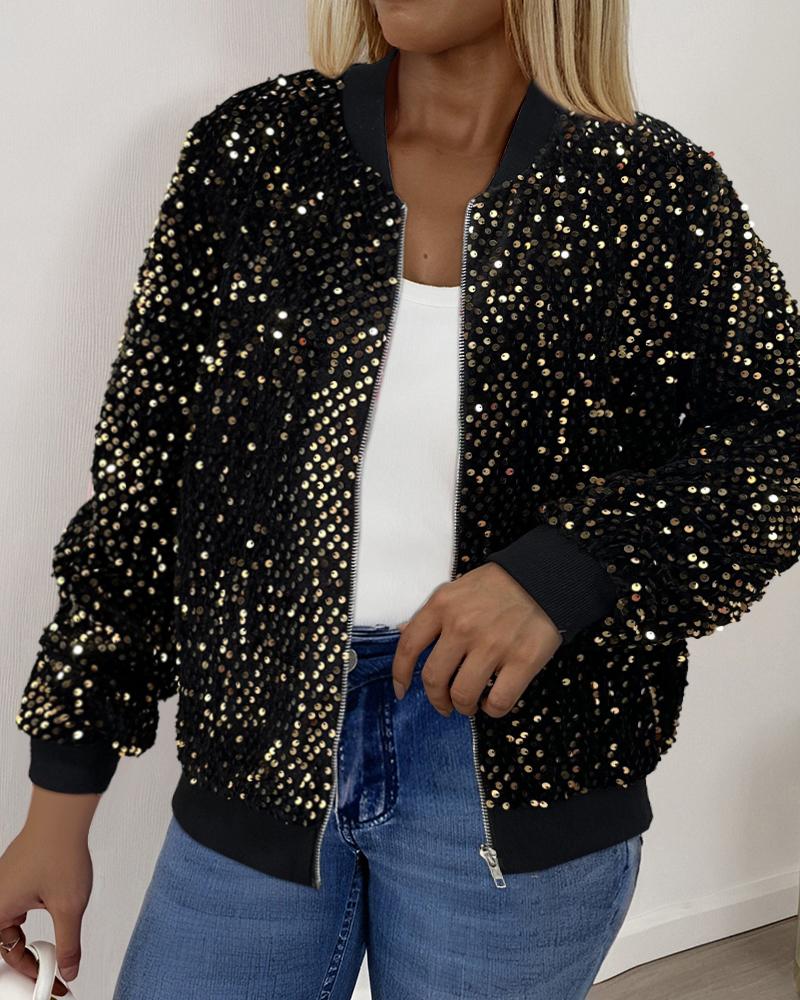 

Allover Sequin Baseball Collar Jacket Zip Up Casual Coat, Gold