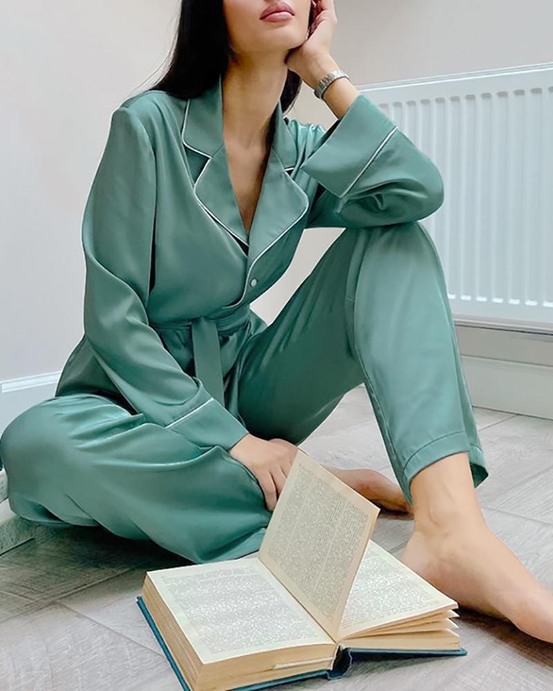 

Contrast Binding Buttoned Satin Pajamas Set, Green