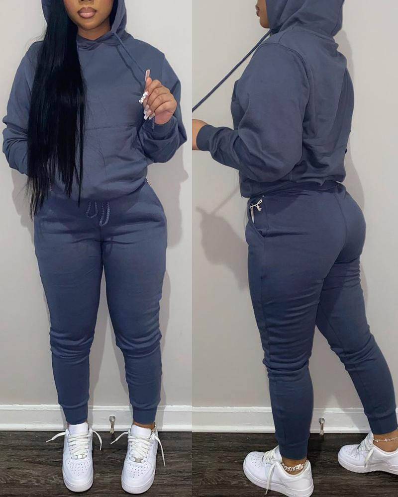 

Long Sleeve Casual Hoodie & Drawstring Pants Set, Purplish blue