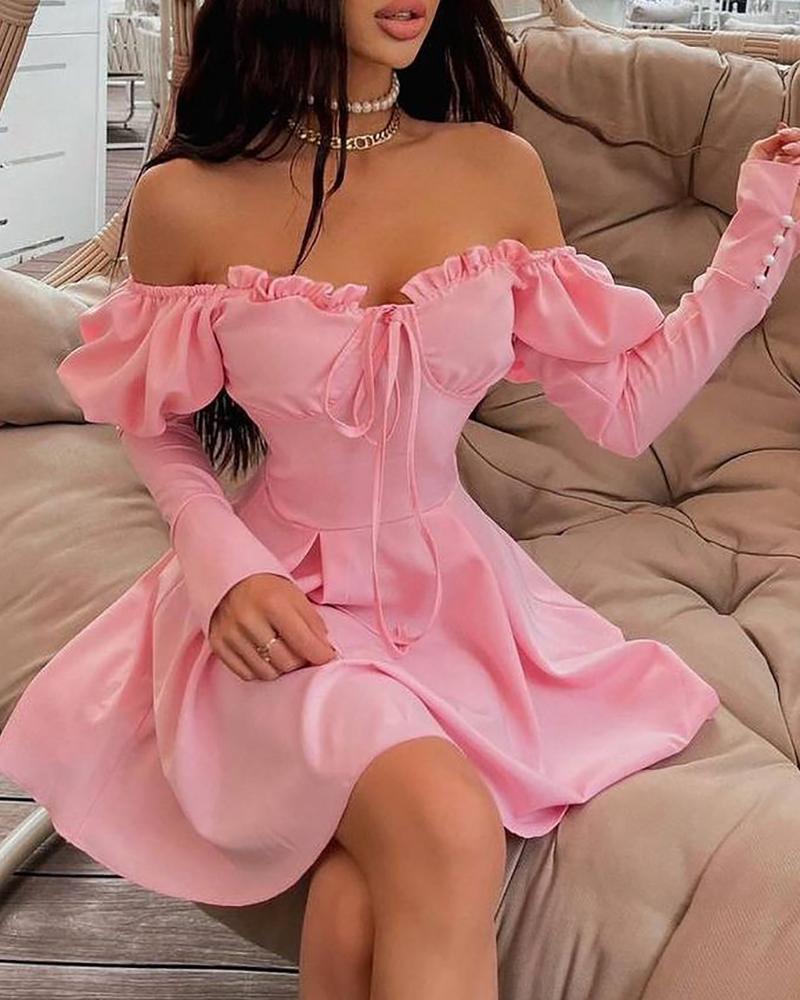 

Plain Puff Sleeve Frill Hem Tied Detail Off Shoulder Dress Long Sleeve Sundress, Pink