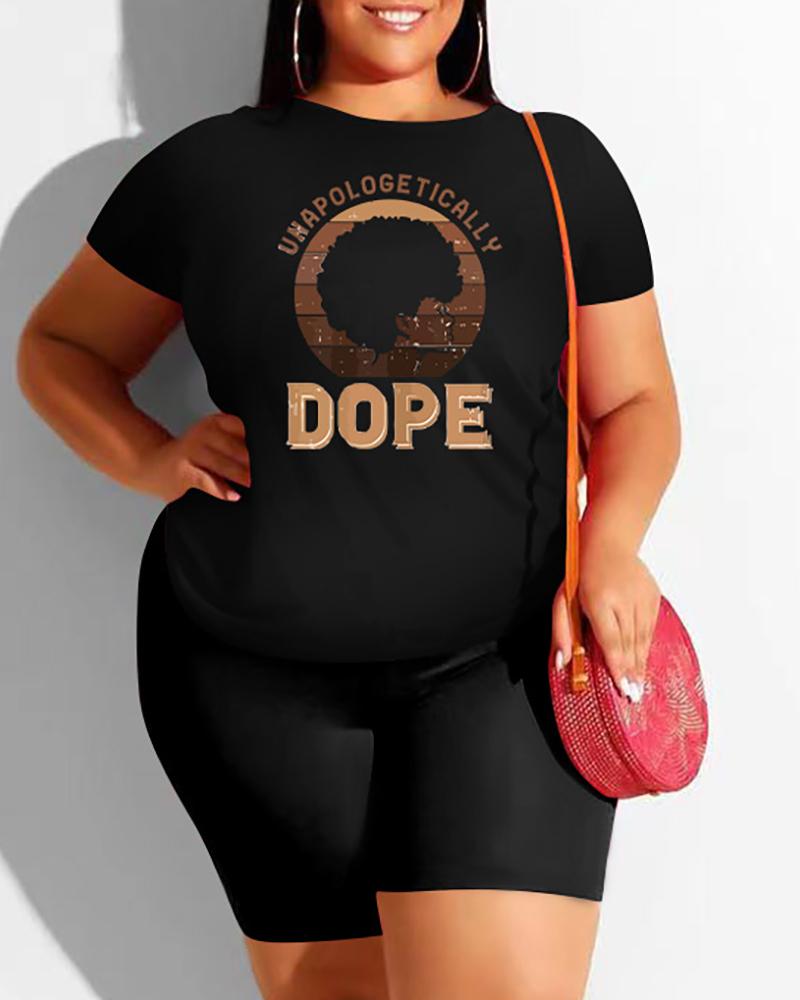 

Plus Size Figure Letter Print Short Sleeve Top & Shorts Set, Black
