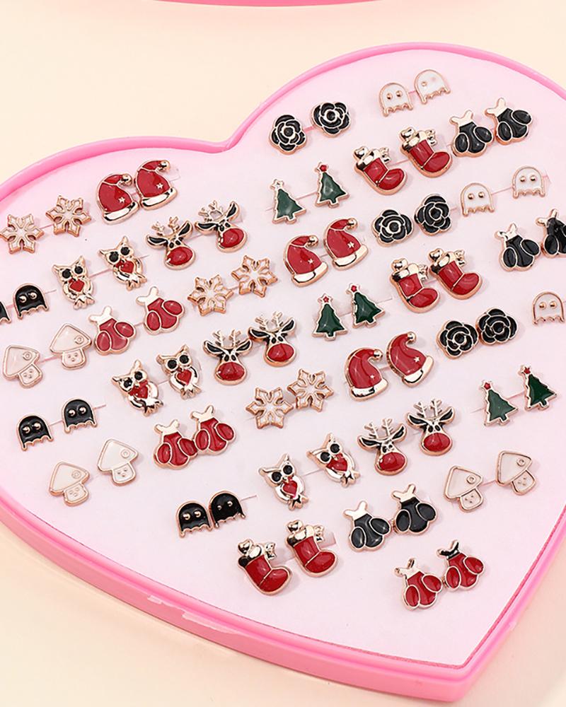 

36pairs Christmas Pattern Earring Set, Red