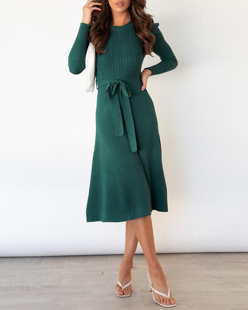 

Puff Sleeve Cable Knit Belted Sweater Dress, Green