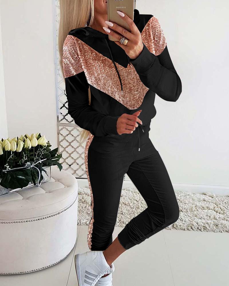 

Colorblock Contrast Sequin Drawstring Hooded Top & Pants Set, Black