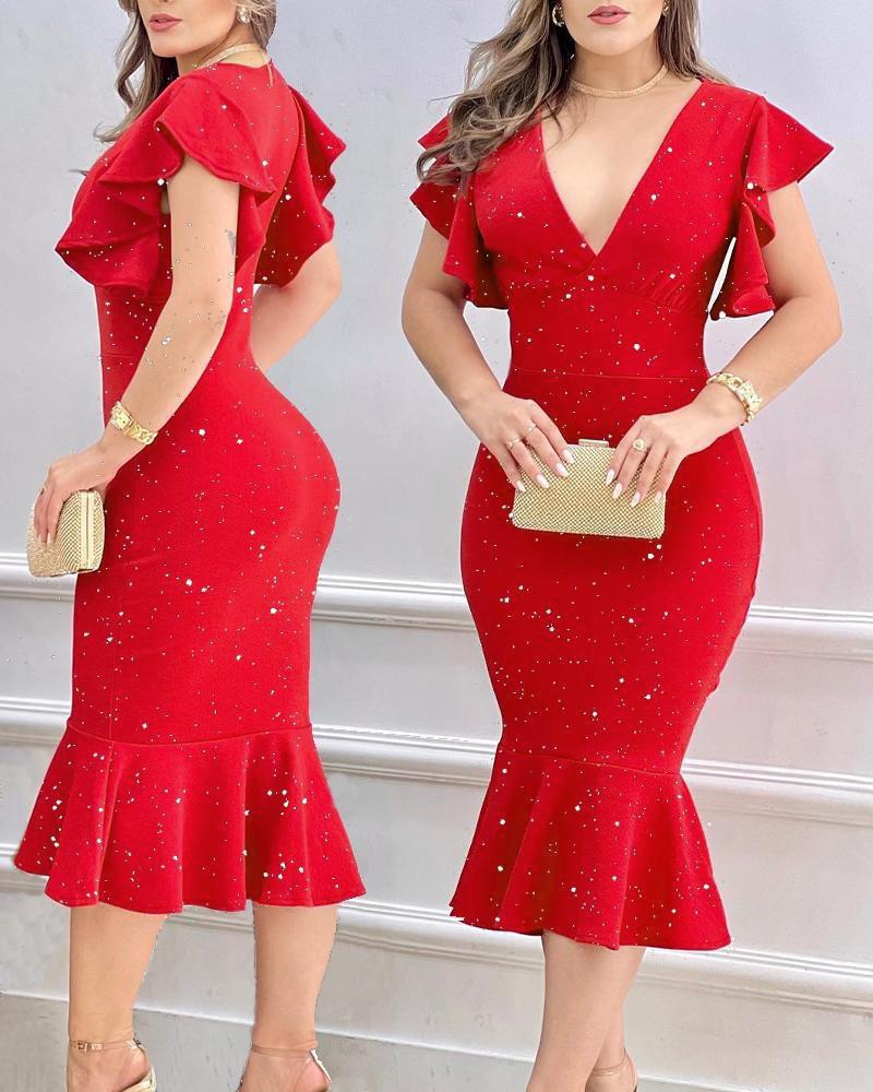 

Flutter Sleeve Glitter Mermaid Dress, Red