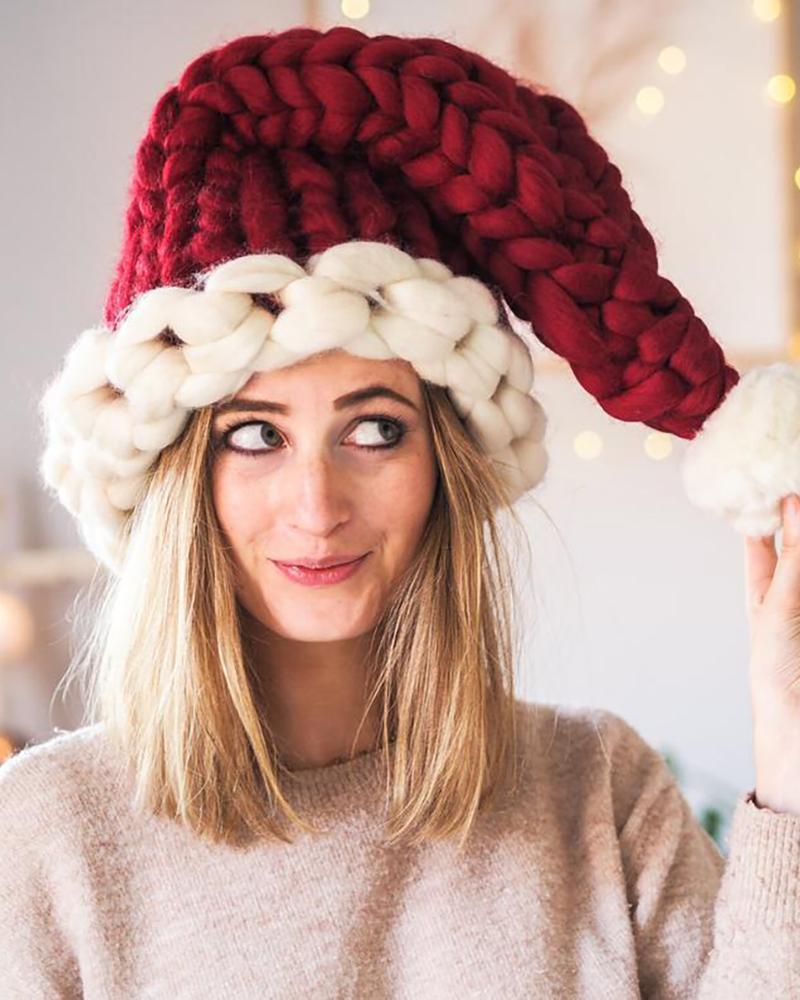

Christmas Braided Colorblock Pom Pom Beanie For Adult, Wine red