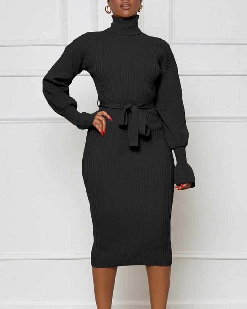 

High Neck Long Sleeve Knit Bodycon Dress, Black