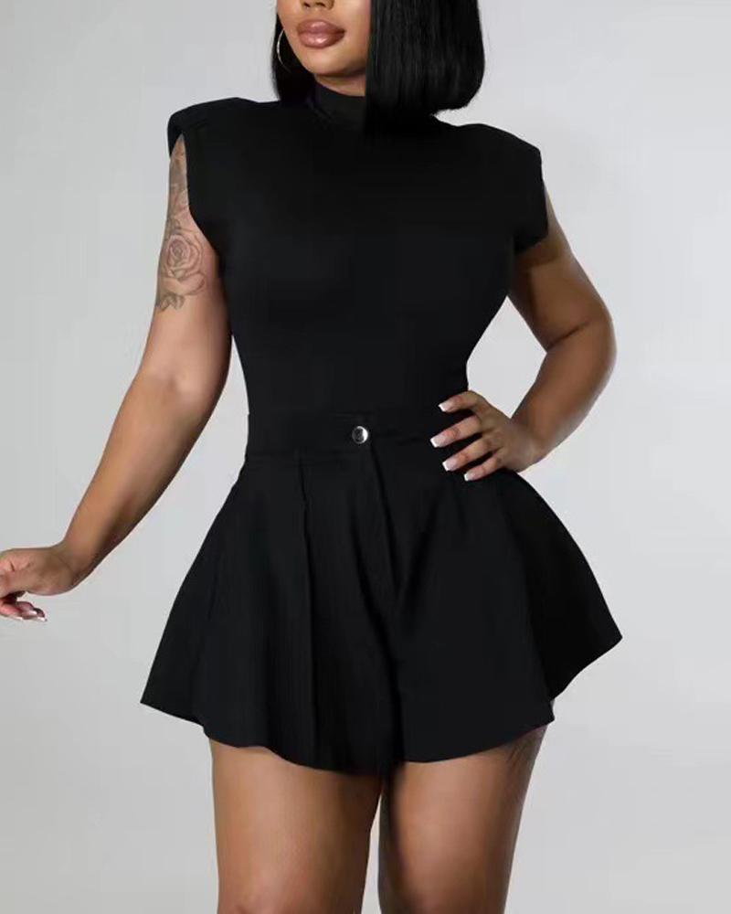 

Shoulder Pad Sleeveless Bodysuit & Shorts Set, Black
