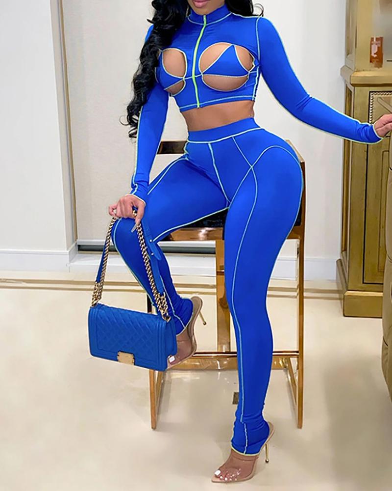 

Colorblock Cutout Crop Top & Skinny Pants Set, Dark blue