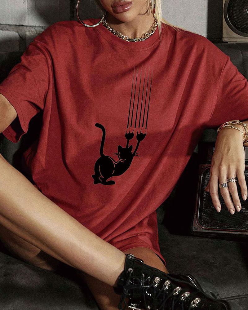 

Catty Print Short Sleeve T-shirts, Red