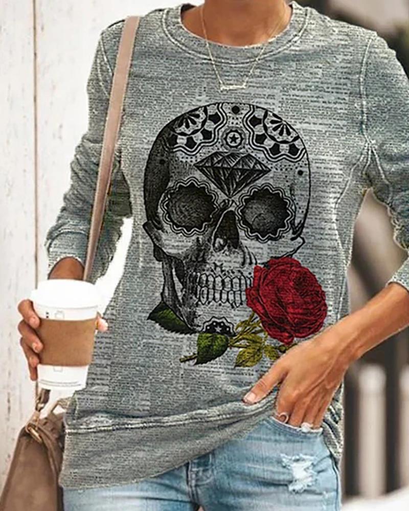 

Halloween Skull Rose Print Long Sleeve Top, Gray