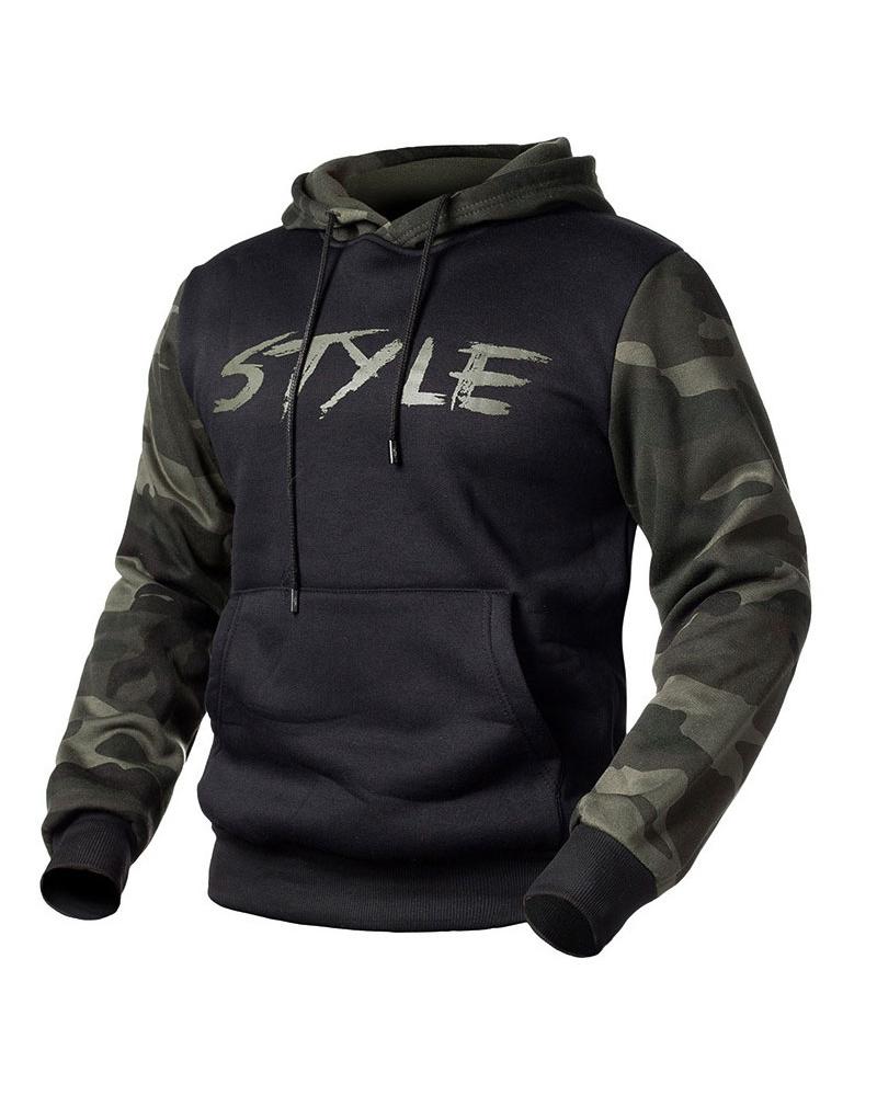 

Color Block Splicing Camouflage Letter Print Long Sleeve Hooded Sweatshirt, Black