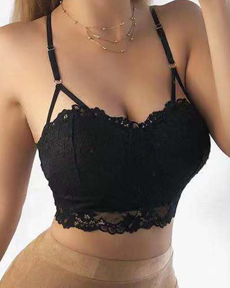 

Solid Strap Skinny Lace Tanks Non-wired Bra, Black
