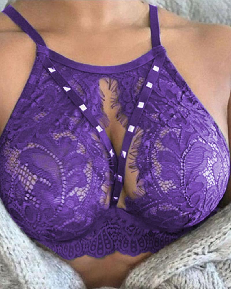 

Solid Lace Strap Skinny Tanks Bra, Purple