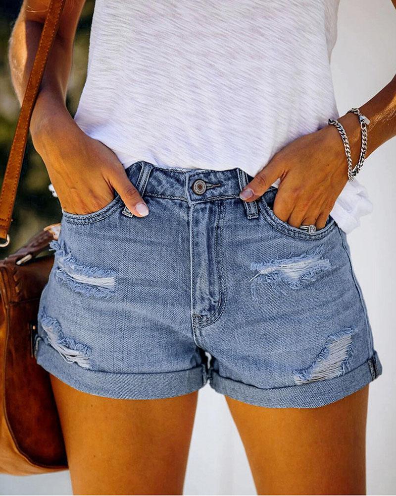 

Zipper Fly Roll Hem Ripped Denim Shorts, Lighted blue