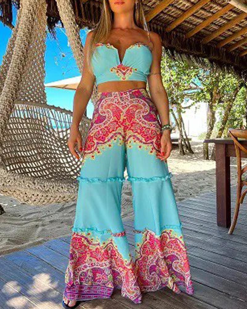 

Tribal Print Crop Top & Wide Leg Pants Set, Blue