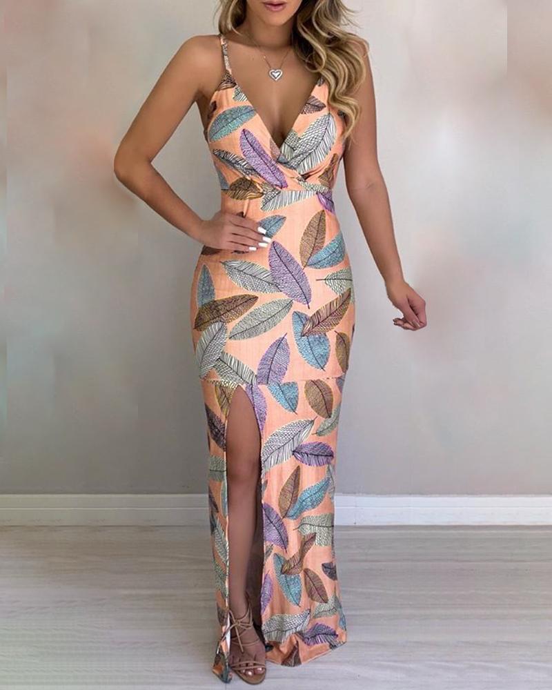 

Leaf Print Cutout Back Slit Maxi Dress, Multicolor