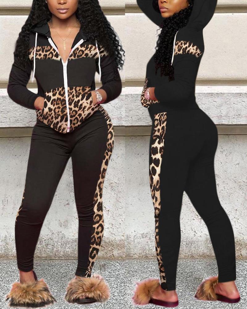 

Contrast Leopard Long Sleeve Zip Up Top & Pants Set, Black