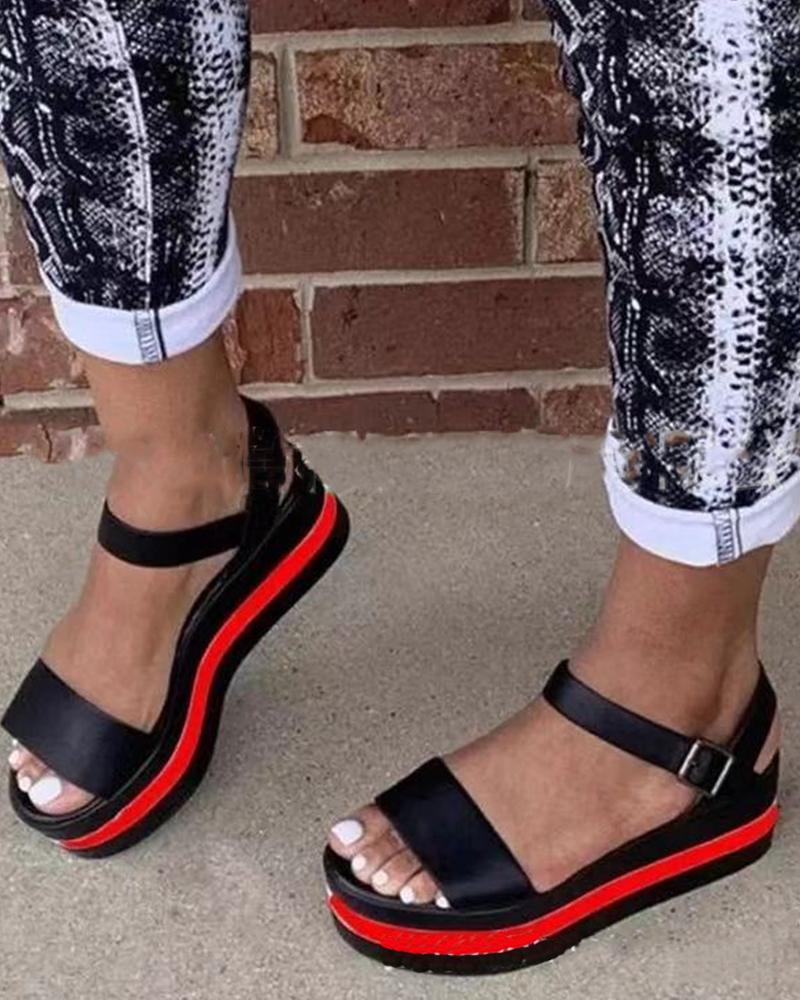 

Round-toe Color Block PU Leather Platform Sandals, Red