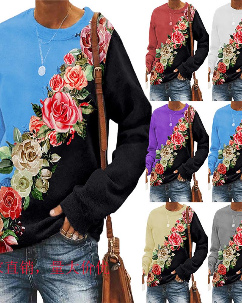 

Floral Print Colorblock Long Sleeve Top, Blue