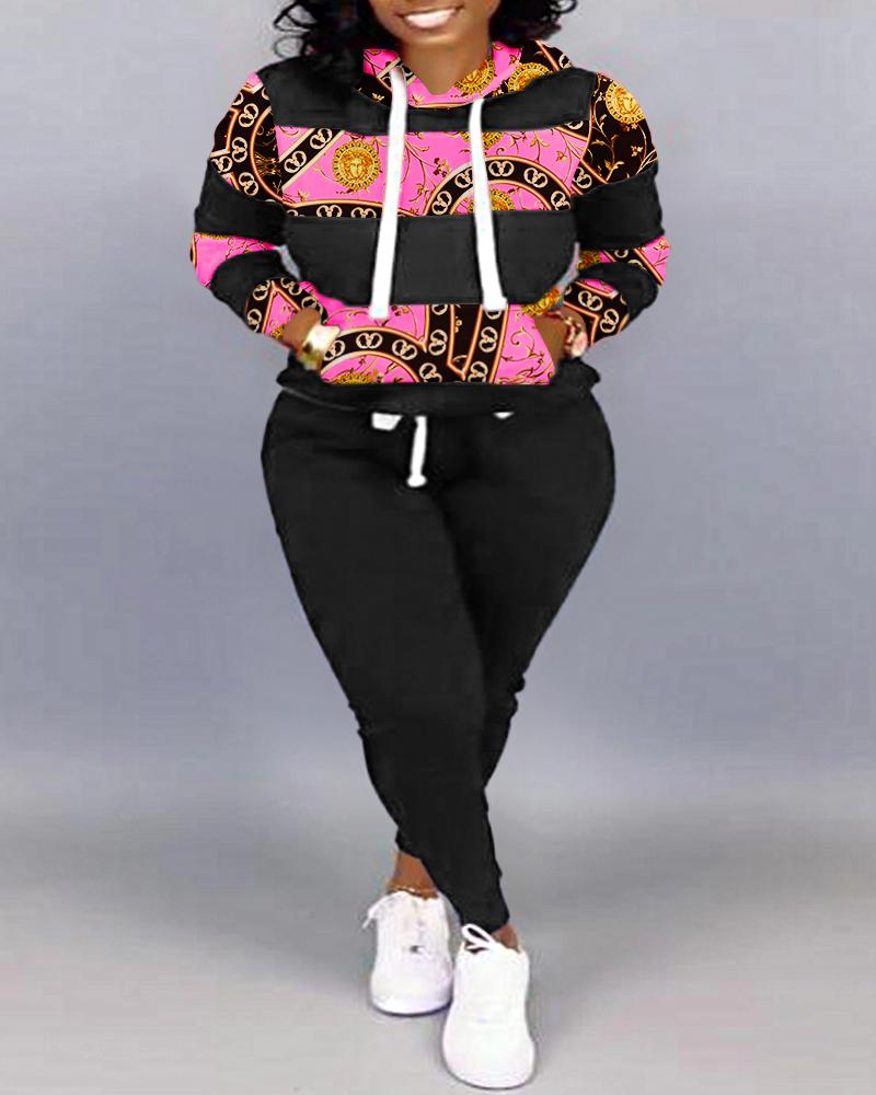 

Plus Size Baroque Print Long Sleeve Top & Pants Set, Black