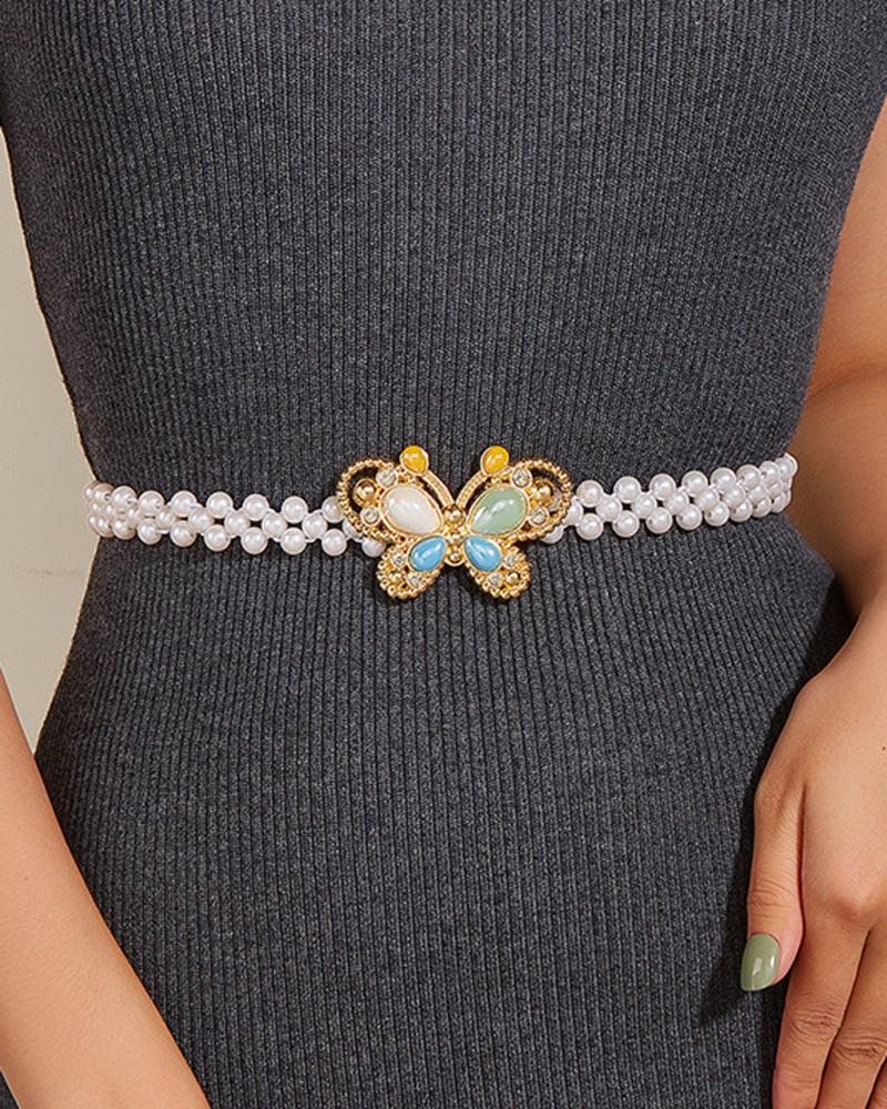 

Pearls Butterfly Pattern Waist Chain Belt, White