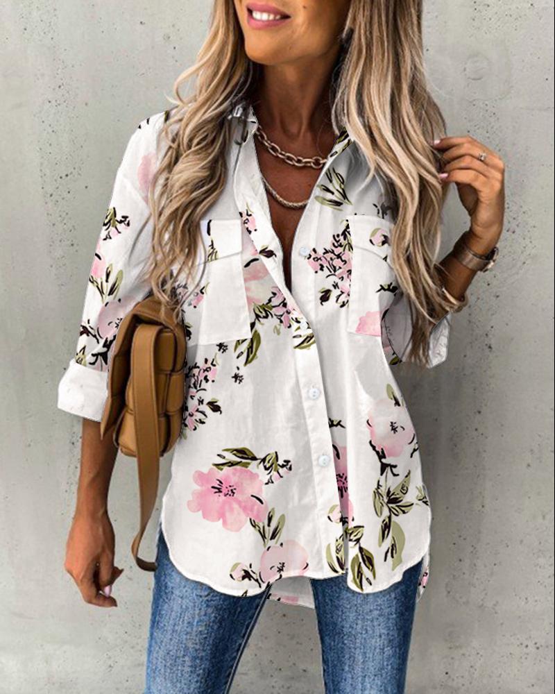 

Floral Print Pocket Detail Button Down Shirt, White