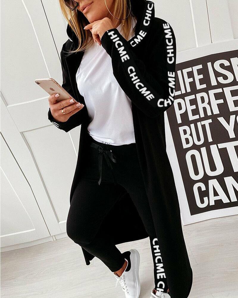 

ChicMe Letter Print Longline Hooded Coat & Drawstring Pants Set, Black