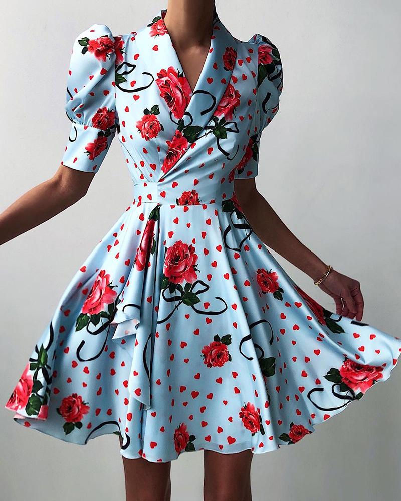 

Floral Heart Print Surplice Neck Puff Sleeve Dress, Blue