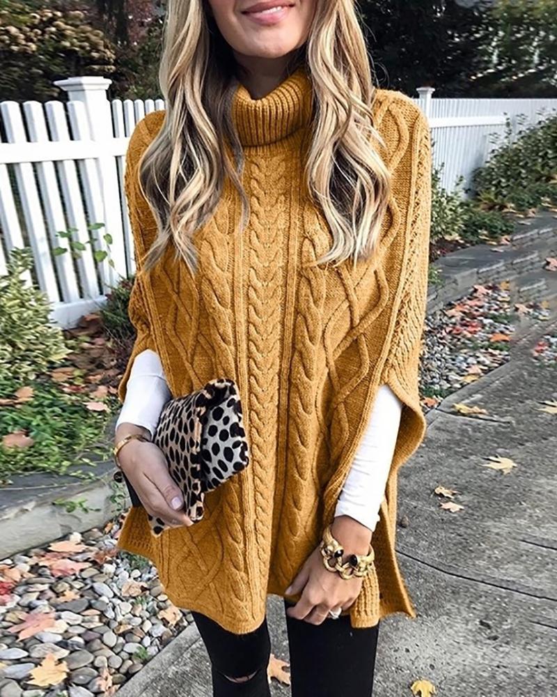 

High Neck Cloak Sleeve Braided Sweater, Yellow